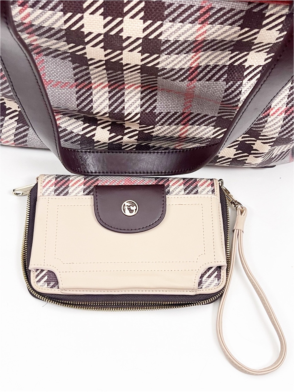 SPARTINA 449 Plaid Natural Linen Genuine Leather Interior Exterior Bag W/ Wallet - Picture 4 of 13